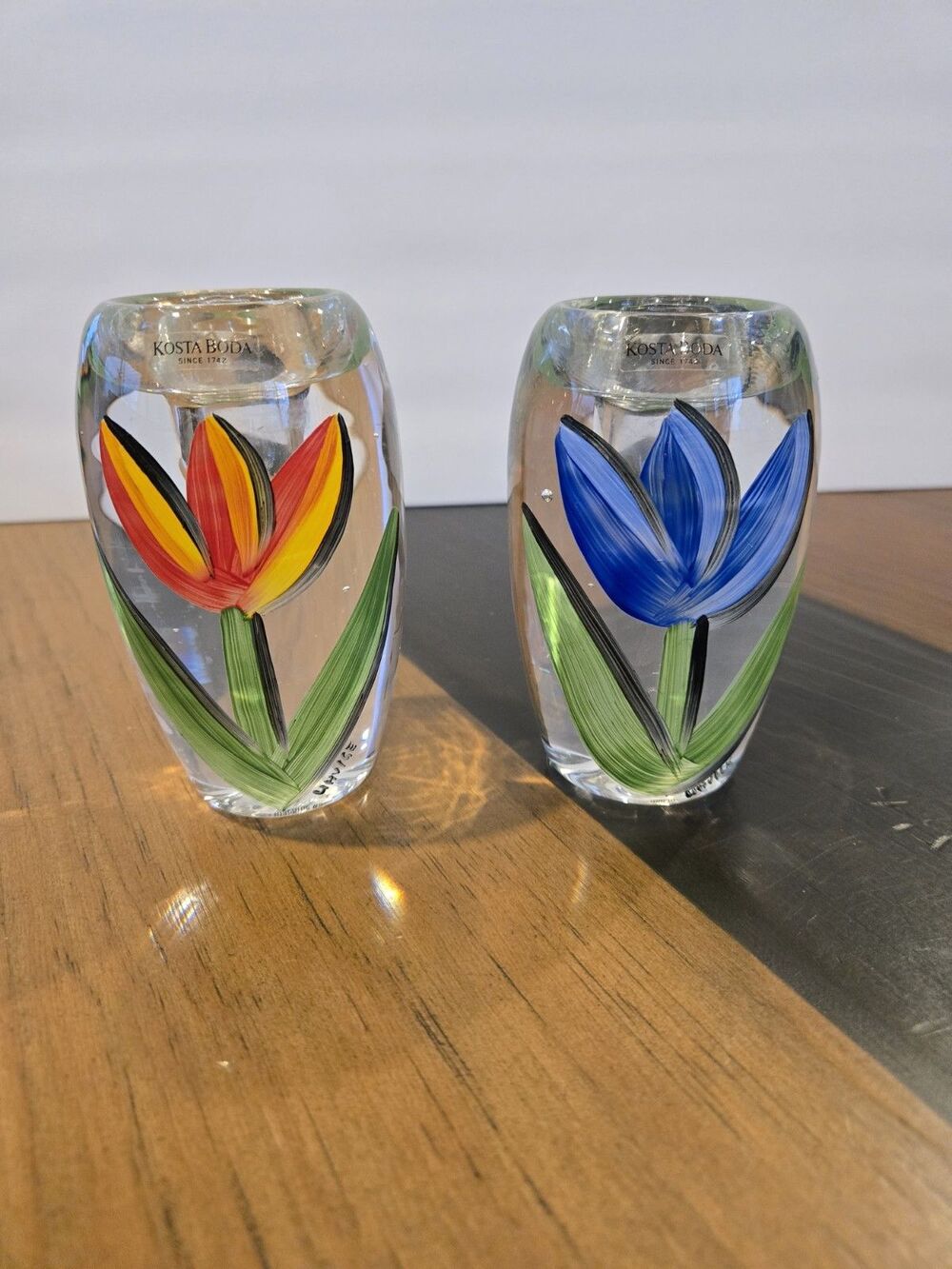 EUC Ulrica Hydman Vallien, Kosta Boda  Candlestick hand-painted floral S/2